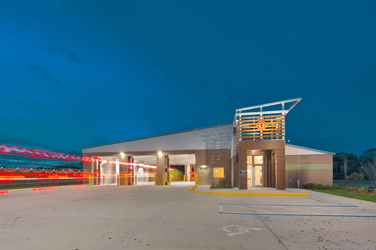 Architectiural dusk view of Palm Beach Gardens fire and rescue.